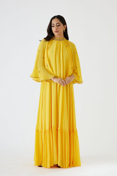 Nikasha Yellow Embroidered Cape Dress festive indian designer wear online shopping melange singapore