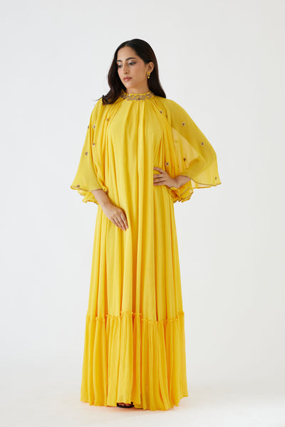 Nikasha Yellow Embroidered Cape Dress festive indian designer wear online shopping melange singapore