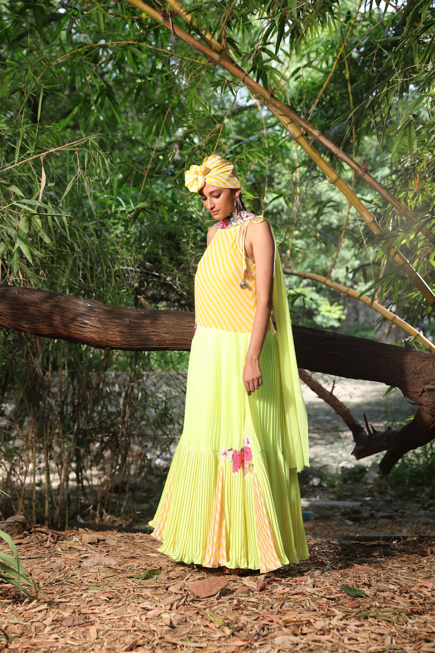 Nikasha Yellow Lehariya And Lime Pleated Anarkali Set festive fusion indian designer online shopping melange singapore