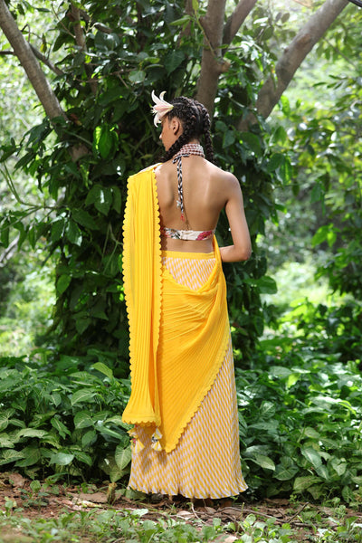 Nikasha Yellow Pre-Pleated Saree With Printed Unstitched Blouse Fabric festive indian designer wear online shopping melange singapore