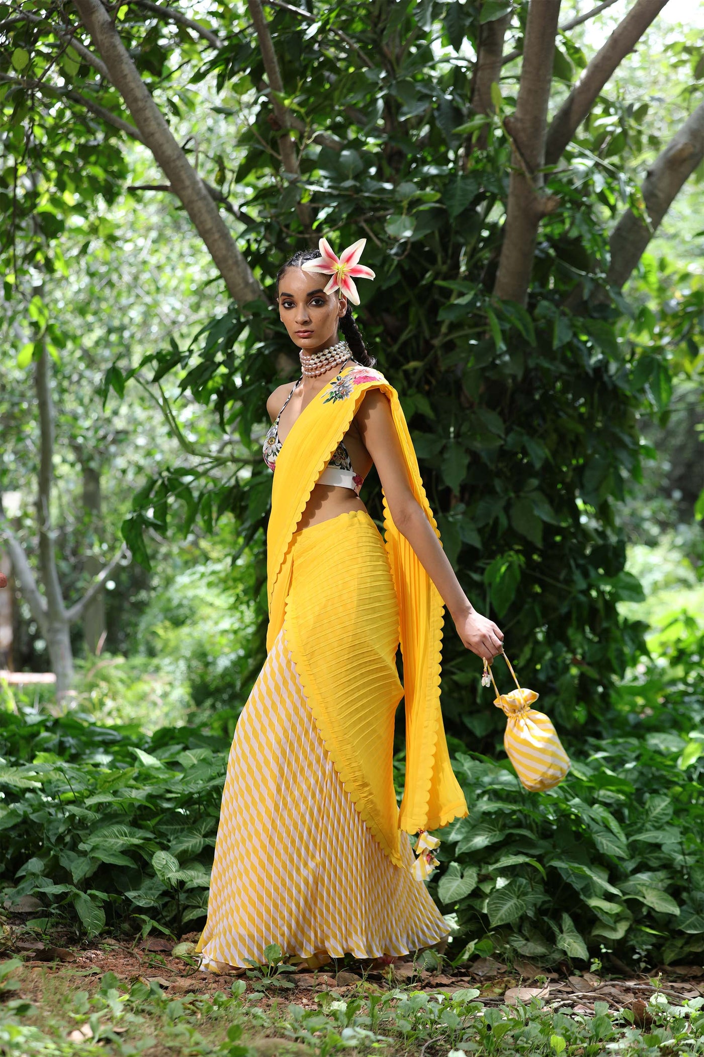 Nikasha Yellow Pre-Pleated Saree With Printed Unstitched Blouse Fabric festive indian designer wear online shopping melange singapore