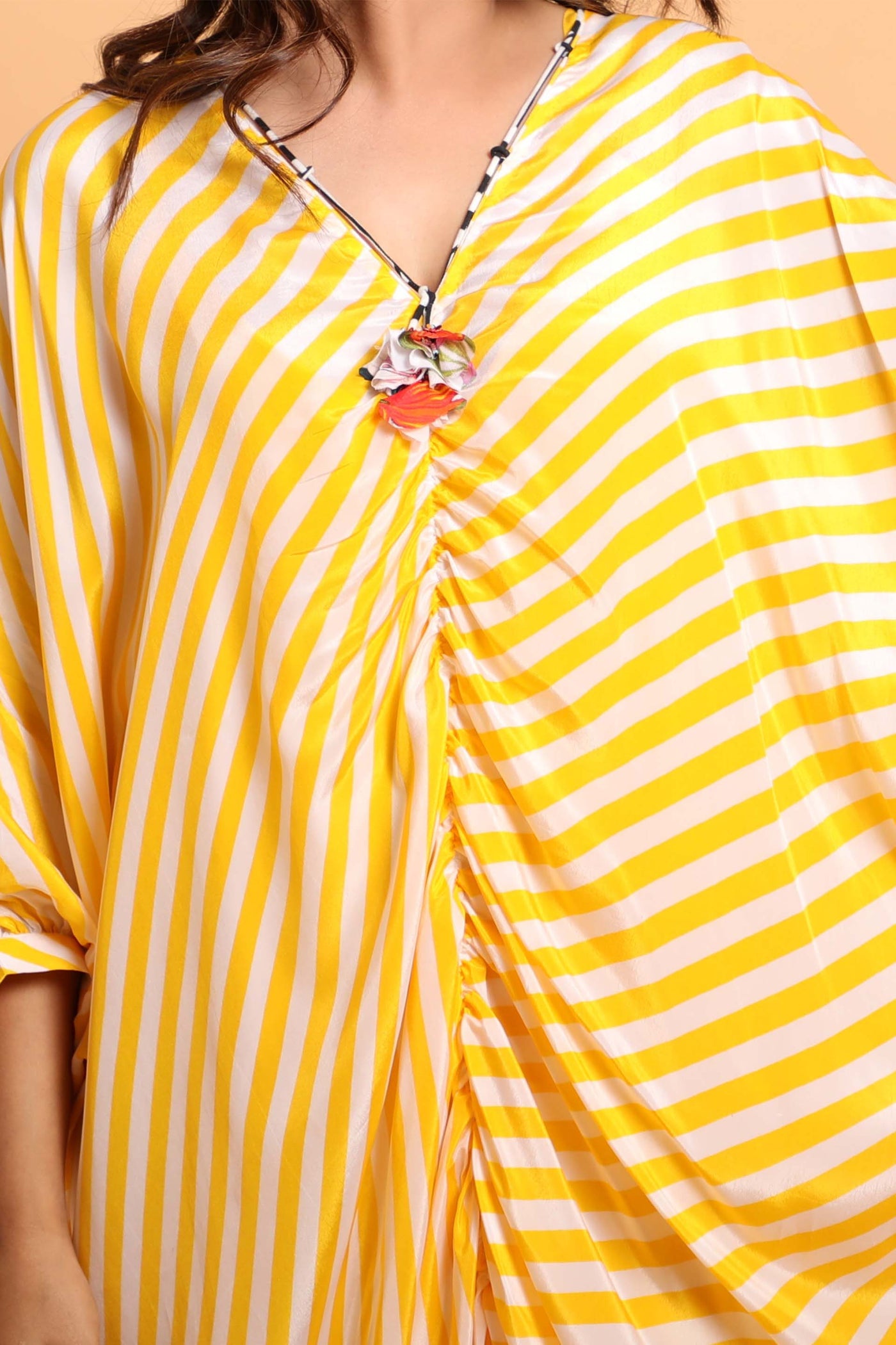 Nikasha Yellow And White Leheriya Kaftan Dress fusion resort casual indian designer wear online shopping melange singapore