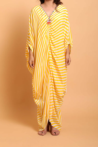 Nikasha Yellow And White Leheriya Kaftan Dress fusion resort casual indian designer wear online shopping melange singapore