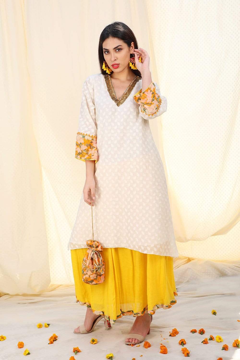 Jamdani Kurta With Gauze Skirt