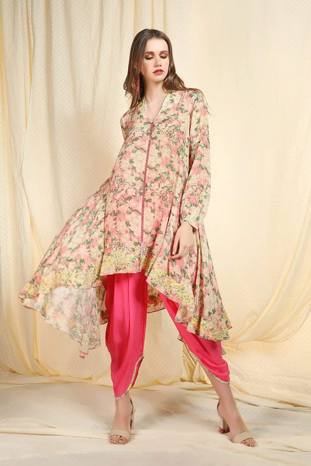 Old Rose Asymmetric Tunic With Dhoti