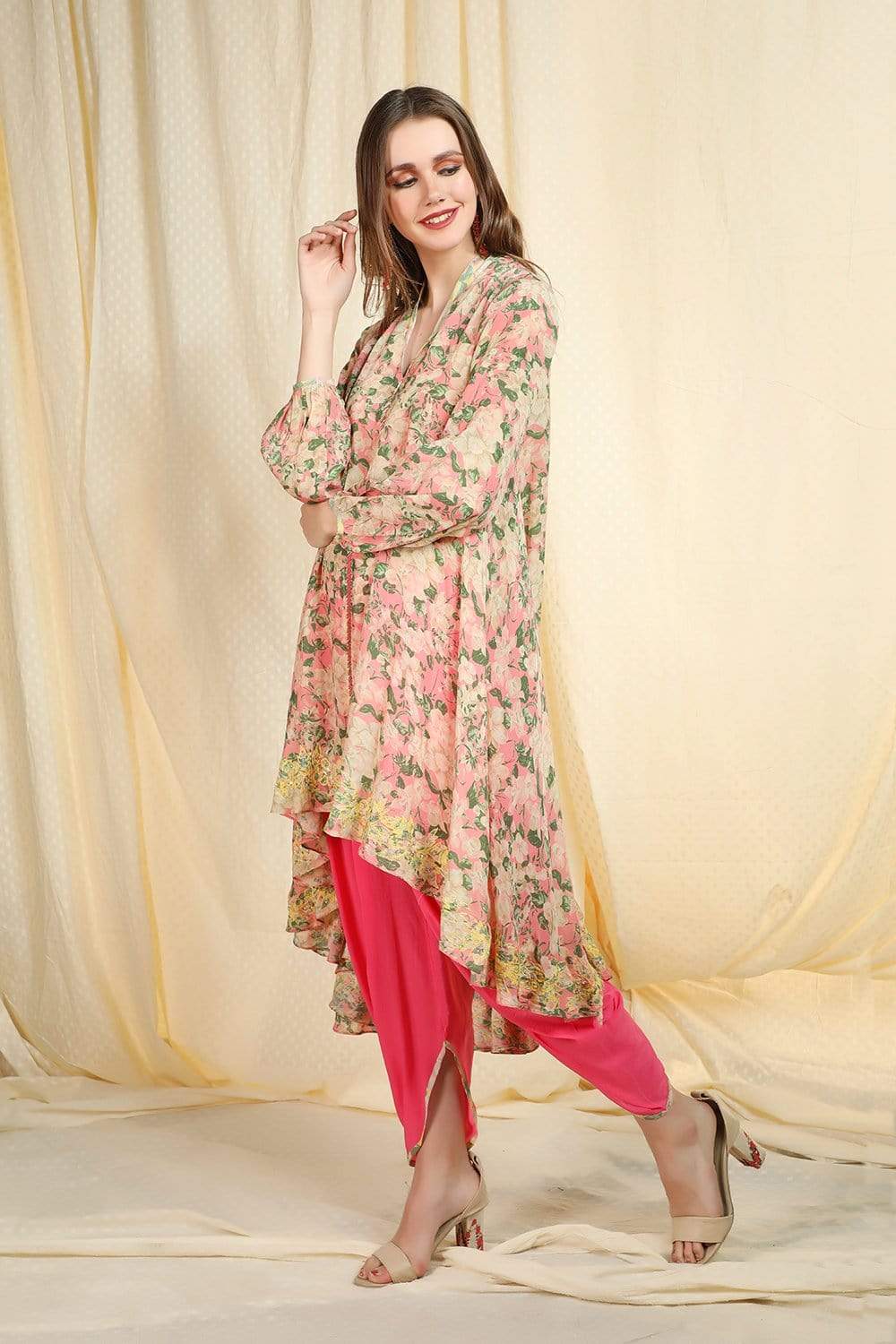 Old Rose Asymmetric Tunic With Dhoti