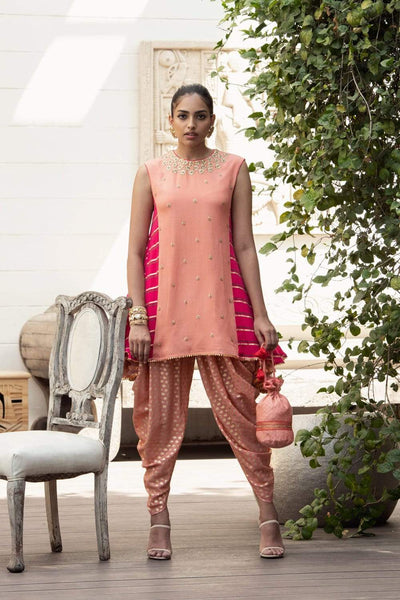 Peach Side Godet Tunic With Dhoti