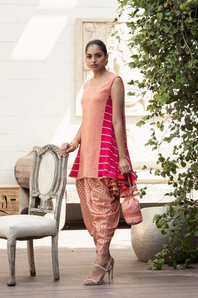 Peach Side Godet Tunic With Dhoti