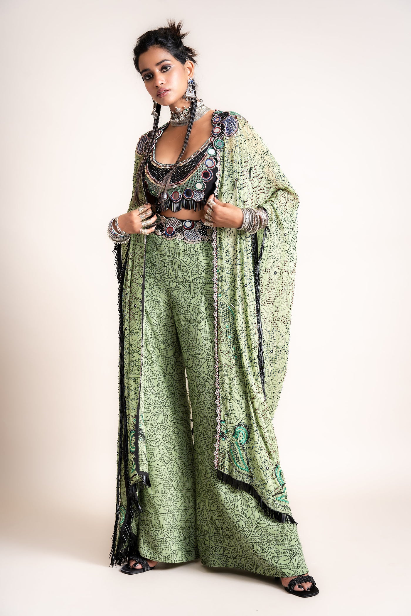 Nupur Kanoi Kaftan Jacket With A-Line Pants Set green designer fashion online shopping melange singapore