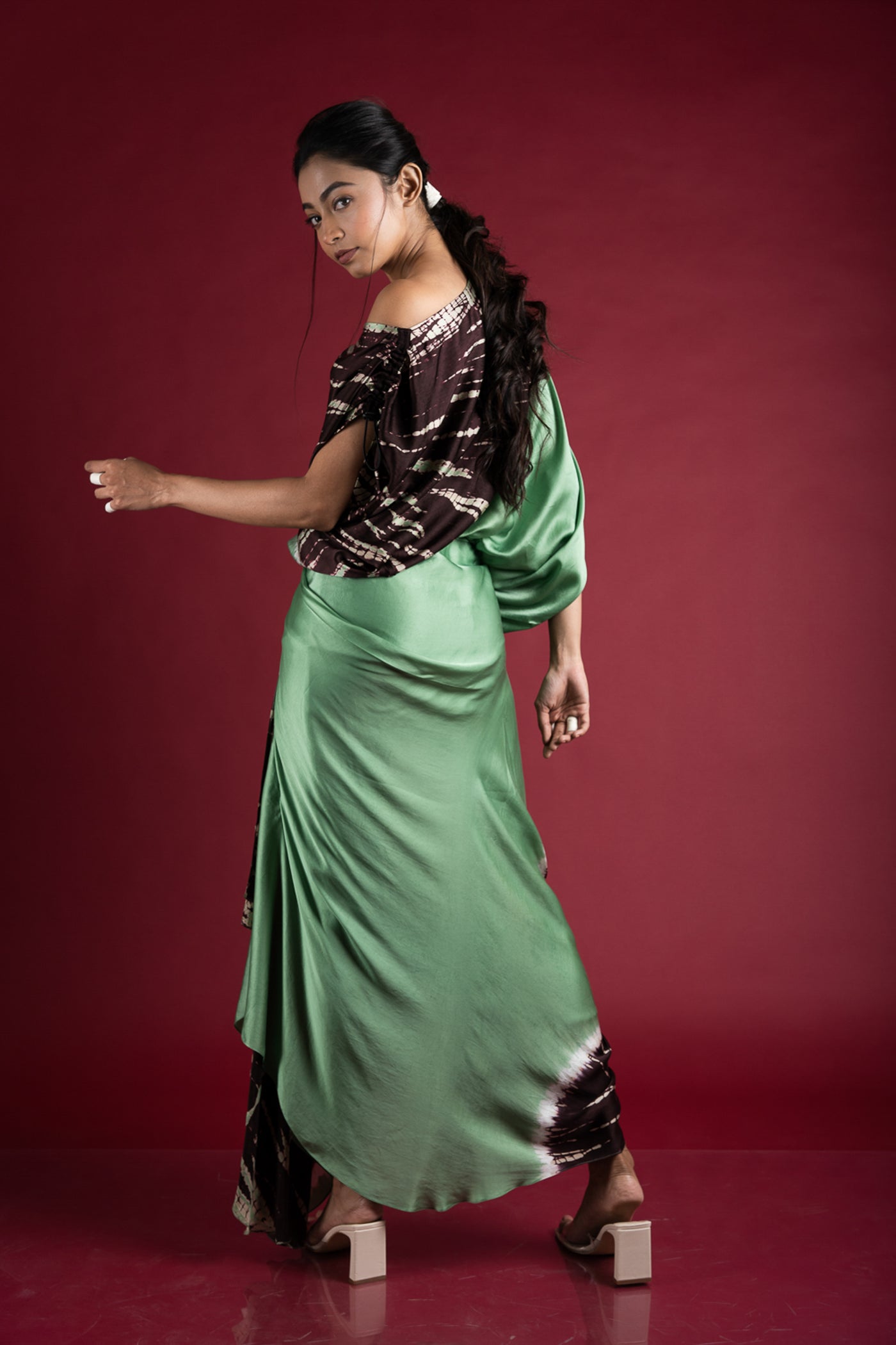 nupur kanoi Off Shoulder Top With Gather Cowl Skirt Set green brown online shopping melange singapore indian designer wear