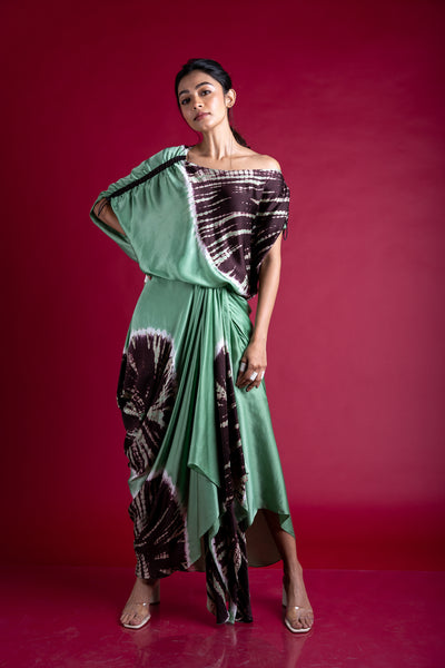 nupur kanoi Off Shoulder Top With Gather Cowl Skirt Set green brown online shopping melange singapore indian designer wear