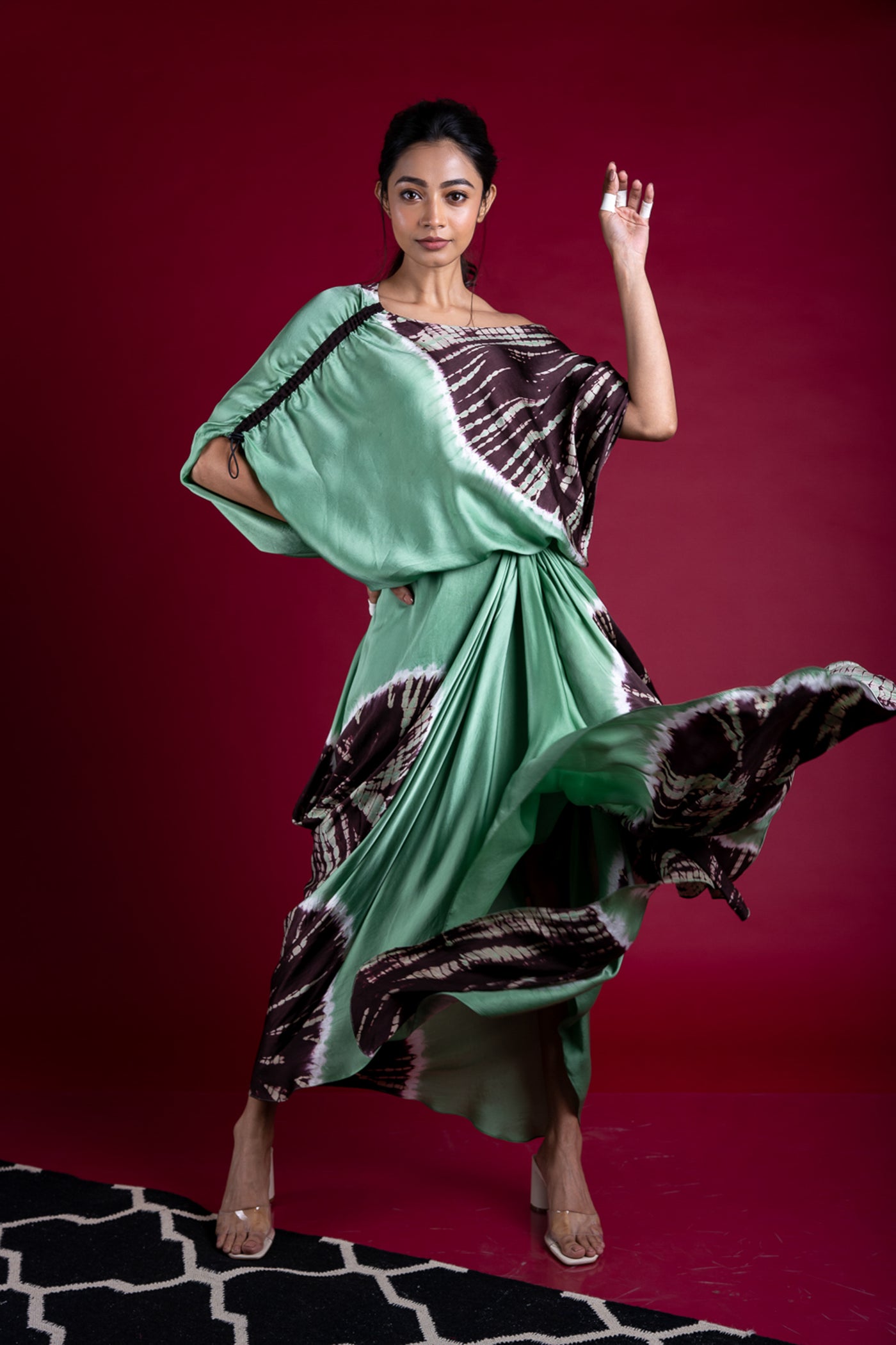 nupur kanoi Off Shoulder Top With Gather Cowl Skirt Set green brown online shopping melange singapore indian designer wear