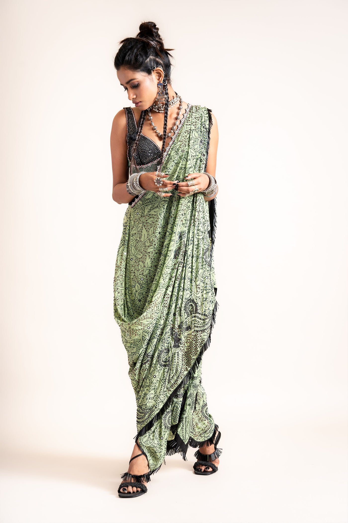 Nupur Kanoi Pre-Draped Sari With Blouse Set green designer fashion online shopping melange singapore