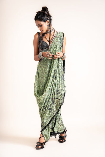 Nupur Kanoi Pre-Draped Sari With Blouse Set green designer fashion online shopping melange singapore