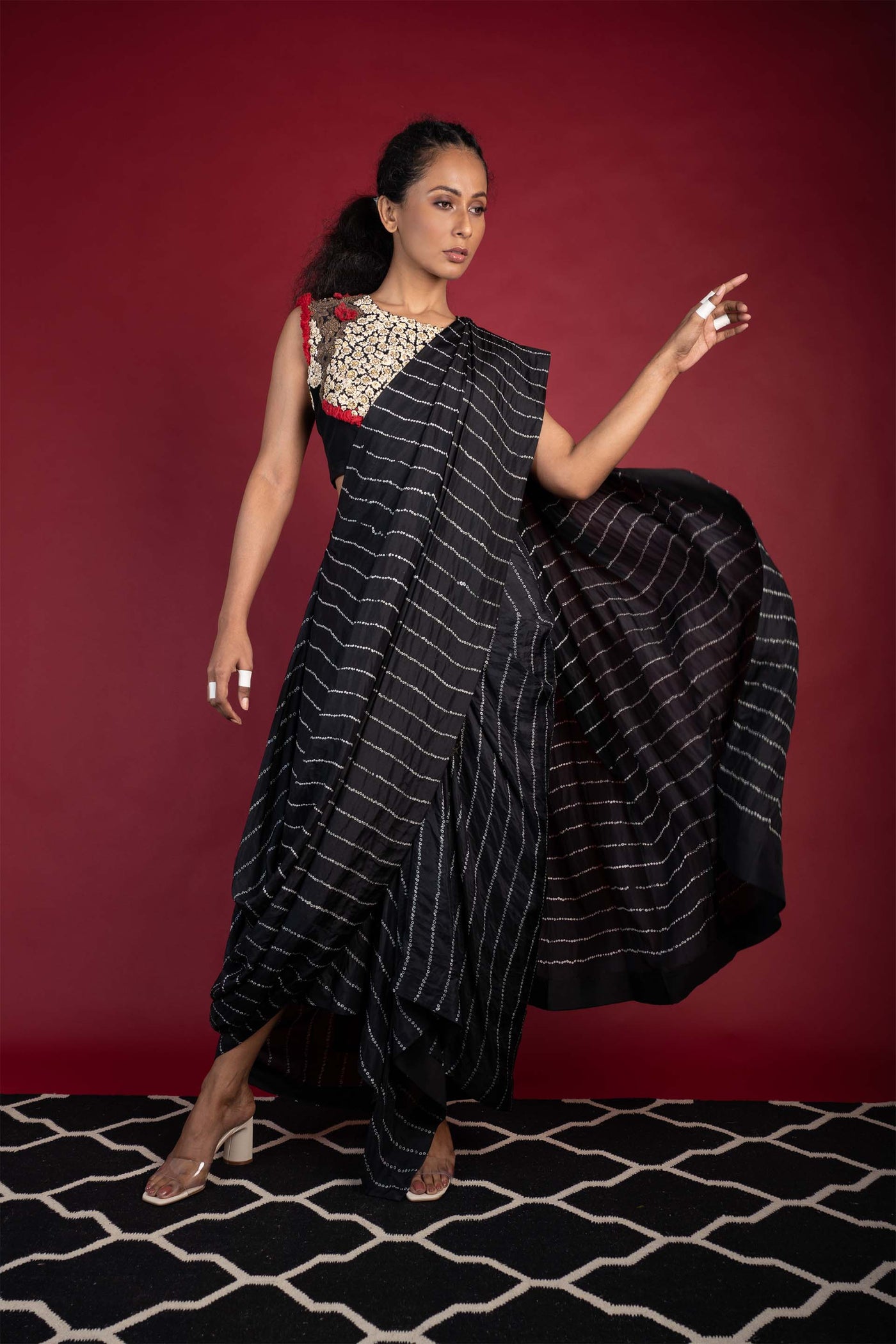 Nupur Kanoi Cowl Saree With Blouse black festive fusion indian designer wear online shopping melange singapore