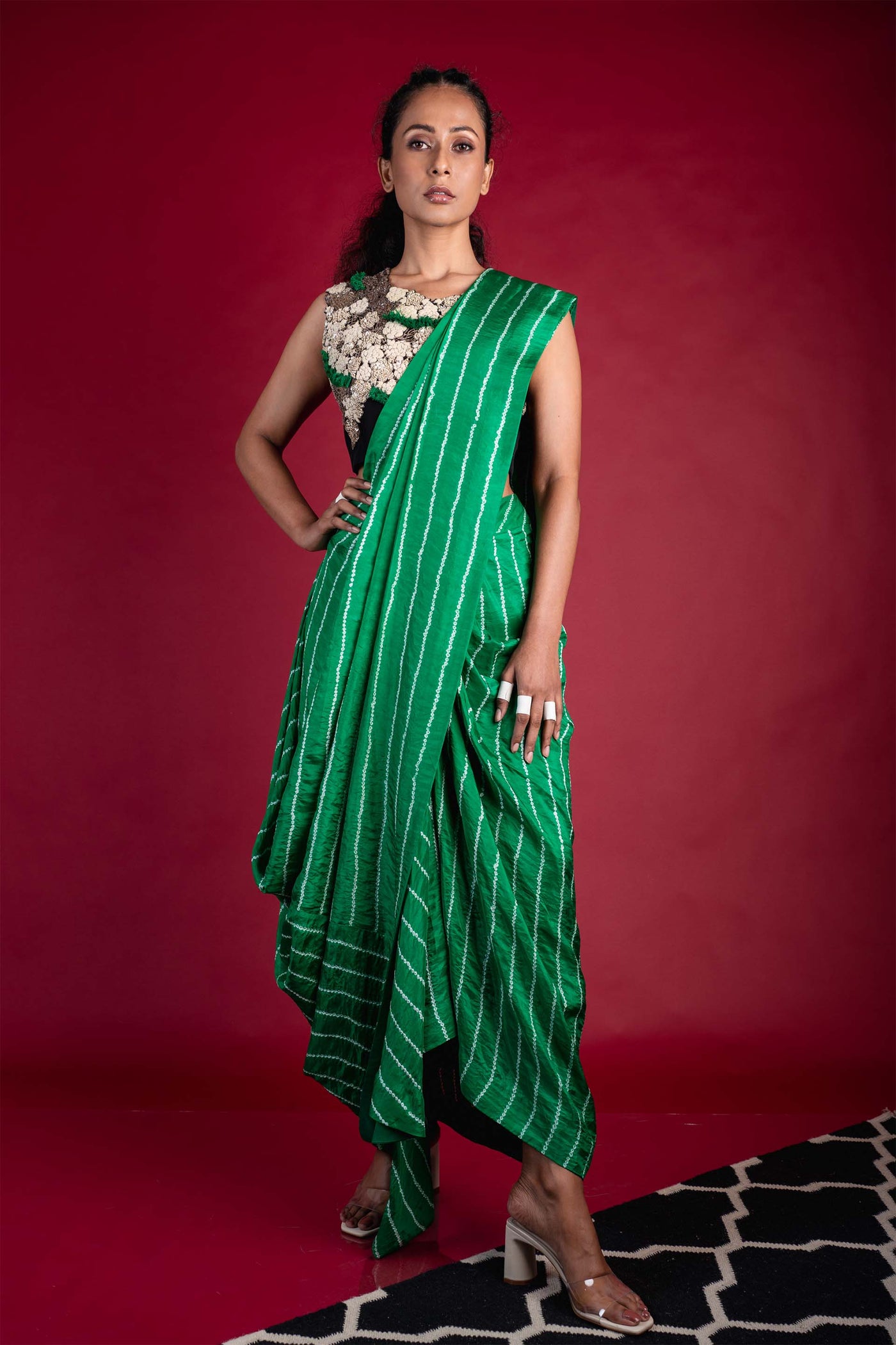 Nupur Kanoi Cowl Saree With French Knot Blouse Dress green festive fusion indian designer wear online shopping melange singapore