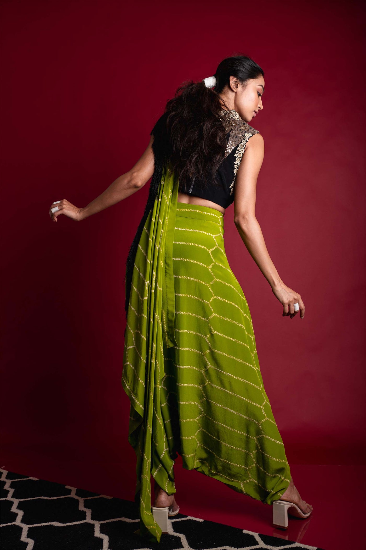 Nupur Kanoi Dhoti Saree With Blouse Set green festive fusion indian designer wear online shopping melange singapore