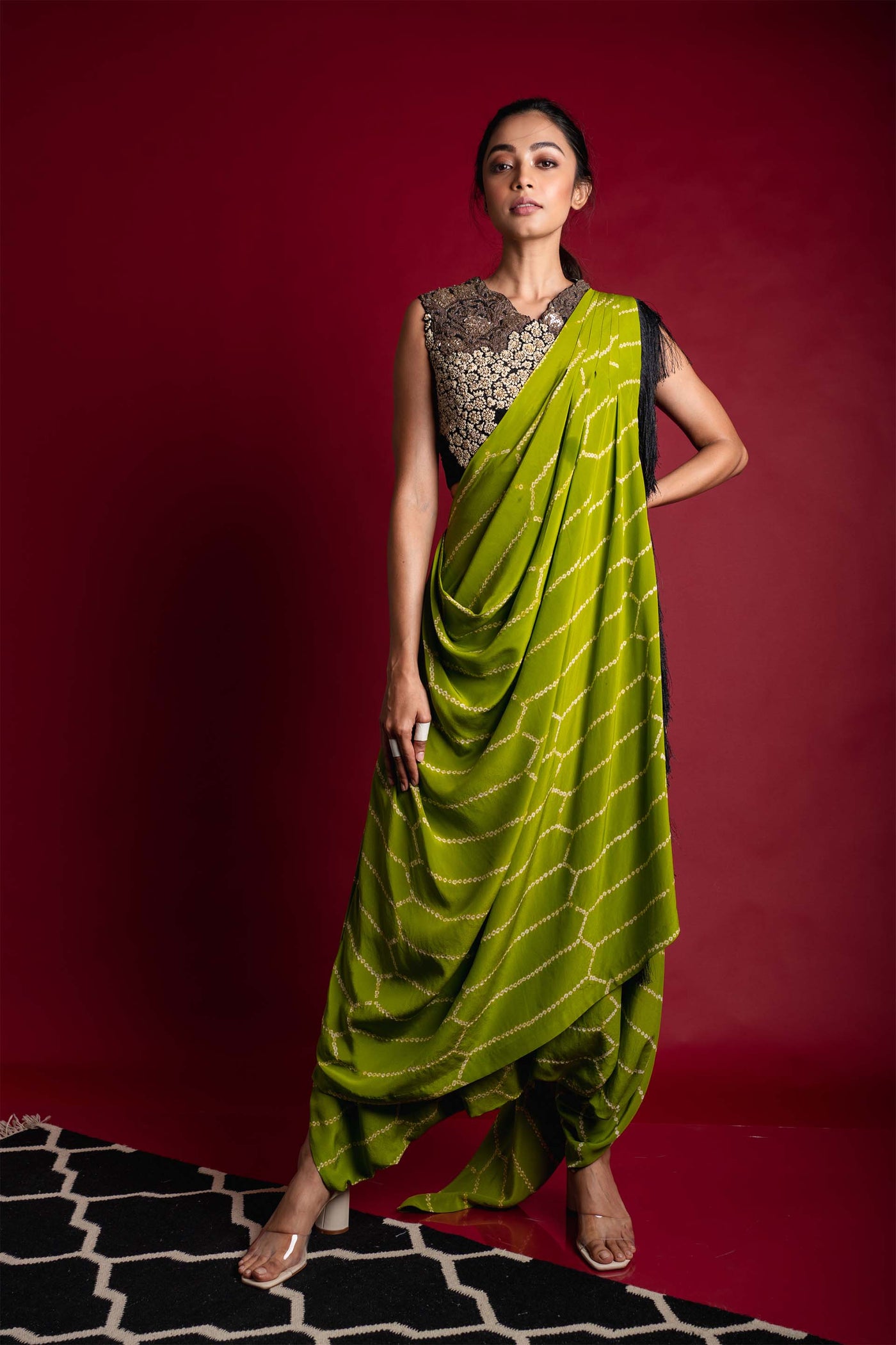 Nupur Kanoi Dhoti Saree With Blouse Set green festive fusion indian designer wear online shopping melange singapore