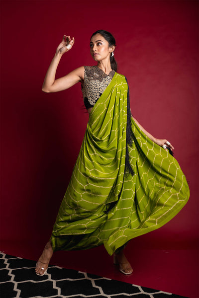 Nupur Kanoi Dhoti Saree With Blouse Set green festive fusion indian designer wear online shopping melange singapore