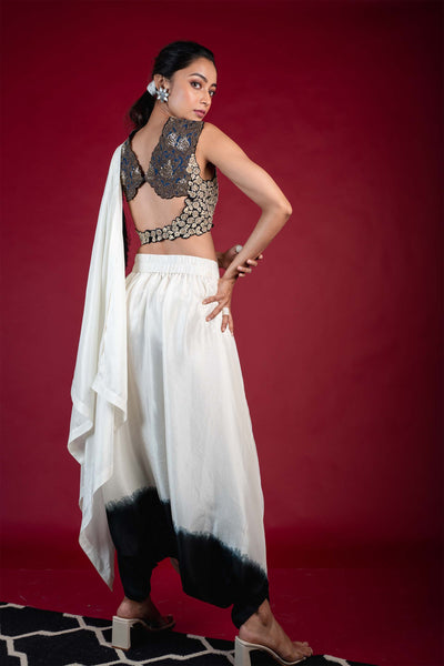 Nupur Kanoi Dhoti Saree With Patchwork Blouse Set white black festive fusion indian designer wear online shopping melange singapore