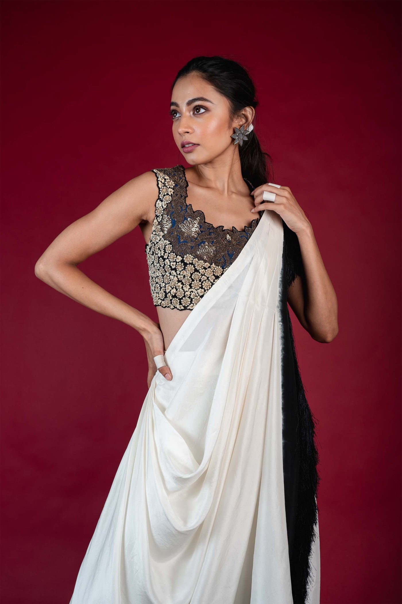 Nupur Kanoi Dhoti Saree With Patchwork Blouse Set white black festive fusion indian designer wear online shopping melange singapore