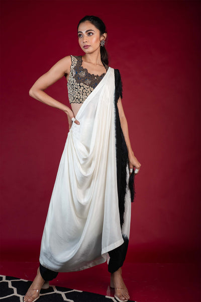 Nupur Kanoi Dhoti Saree With Patchwork Blouse Set white black festive fusion indian designer wear online shopping melange singapore