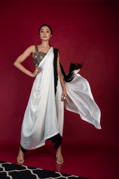 Nupur kanoi Dhoti Saree With Strappy Blouse Set white black festive fusion indian designer wear online shopping melange singapore