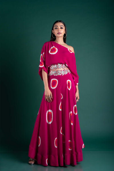 Nupur Kanoi Off Shoulder Cape With Circular Pant Set festive fusion indian designer wear pink online shopping melange singapore