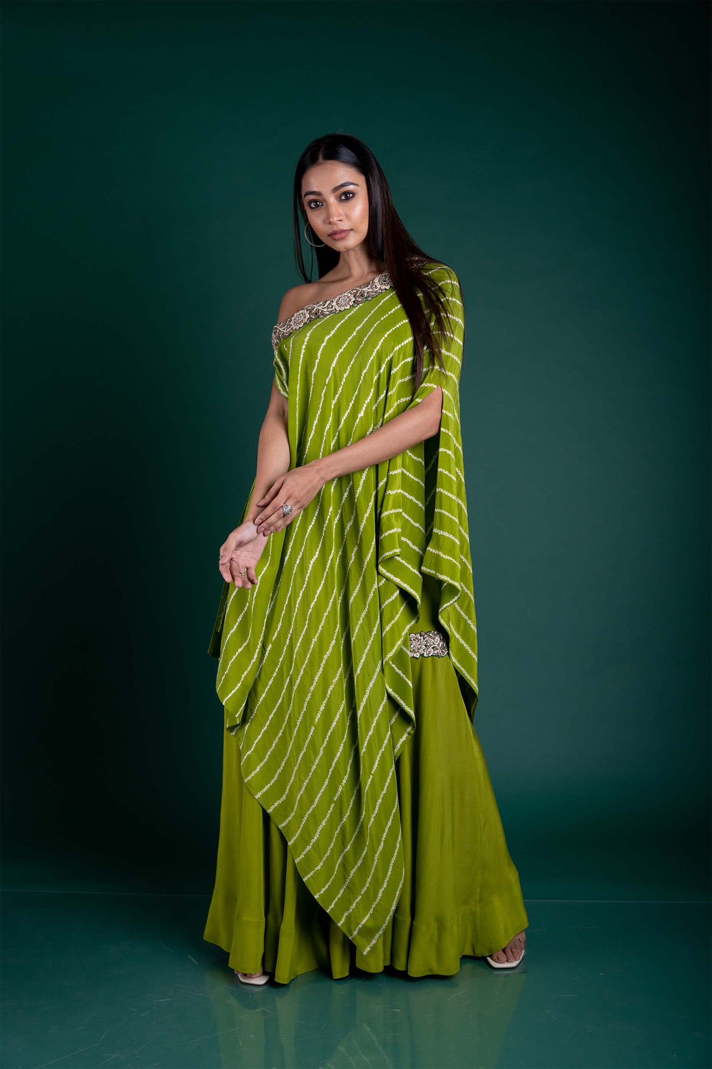 Nupur kanoi Off-Shoulder Cape With Gharara Dress festive fusion indian designer wear green online shopping melange singapore