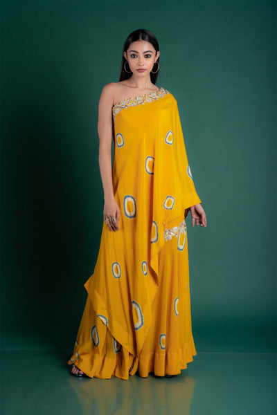 Nupur Kanoi One Shoulder Cape And Gharara Set mustard festive fusion indian designer wear online shopping melange singapore