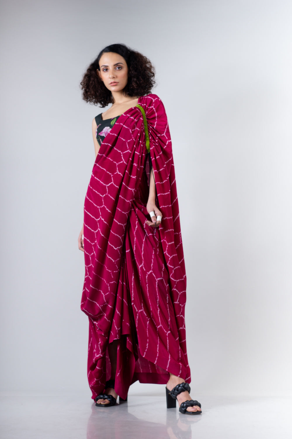 Cowl Saree With Fitted Blouse Set