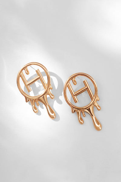 Outhouse Jewellery Drip "OH" Mini Earrings In Gold Finish Fashion Jewellery Online Shopping Melange Singapore Indian Designer Wear
