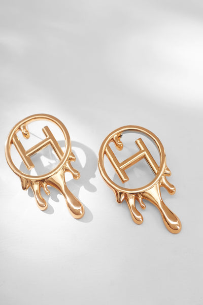 Outhouse Jewellery Drip "OH" Mini Earrings In Gold Finish Fashion Jewellery Online Shopping Melange Singapore Indian Designer Wear