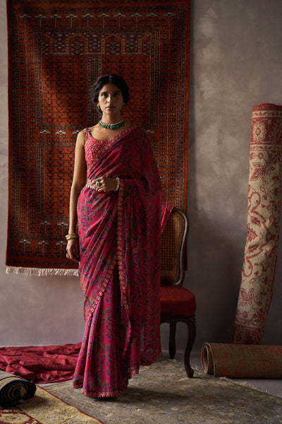 Punit Balana Cherry Red Chiffon Printed Saree Set festive indian designer wear online shopping melange singapore