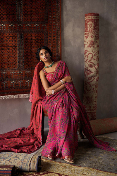 Punit Balana Cherry Red Chiffon Printed Saree Set festive indian designer wear online shopping melange singapore