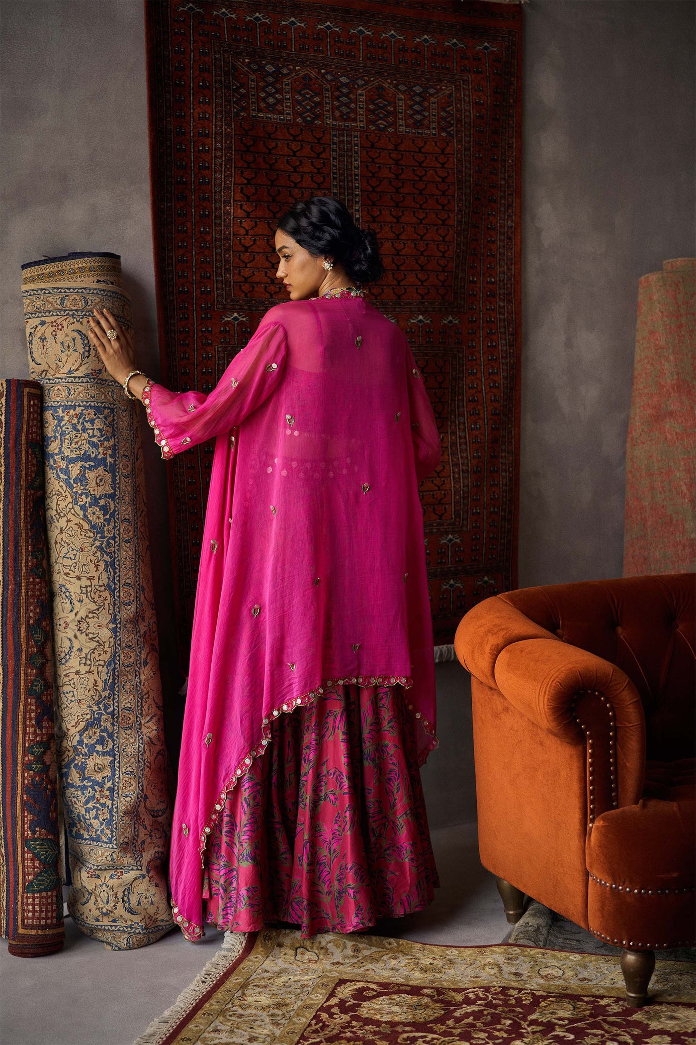Punit Balana Cherry Red Printed Organza Cape Set festive indian designer wear online shopping melange singapore