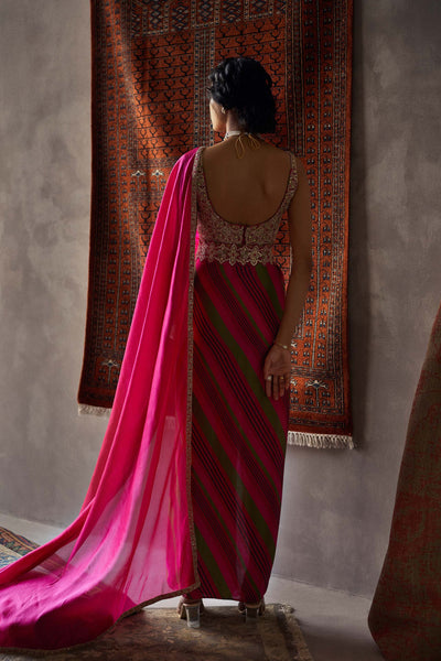 Punit Balana Cherry Red Silk Drape Saree Set festive indian designer wear online shopping melange singapore