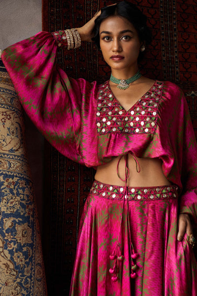Punit Balana Cherry Red Coin Work Satin Silk Loose Top And Skirt Set festive indian designer wear online shopping melange singapore