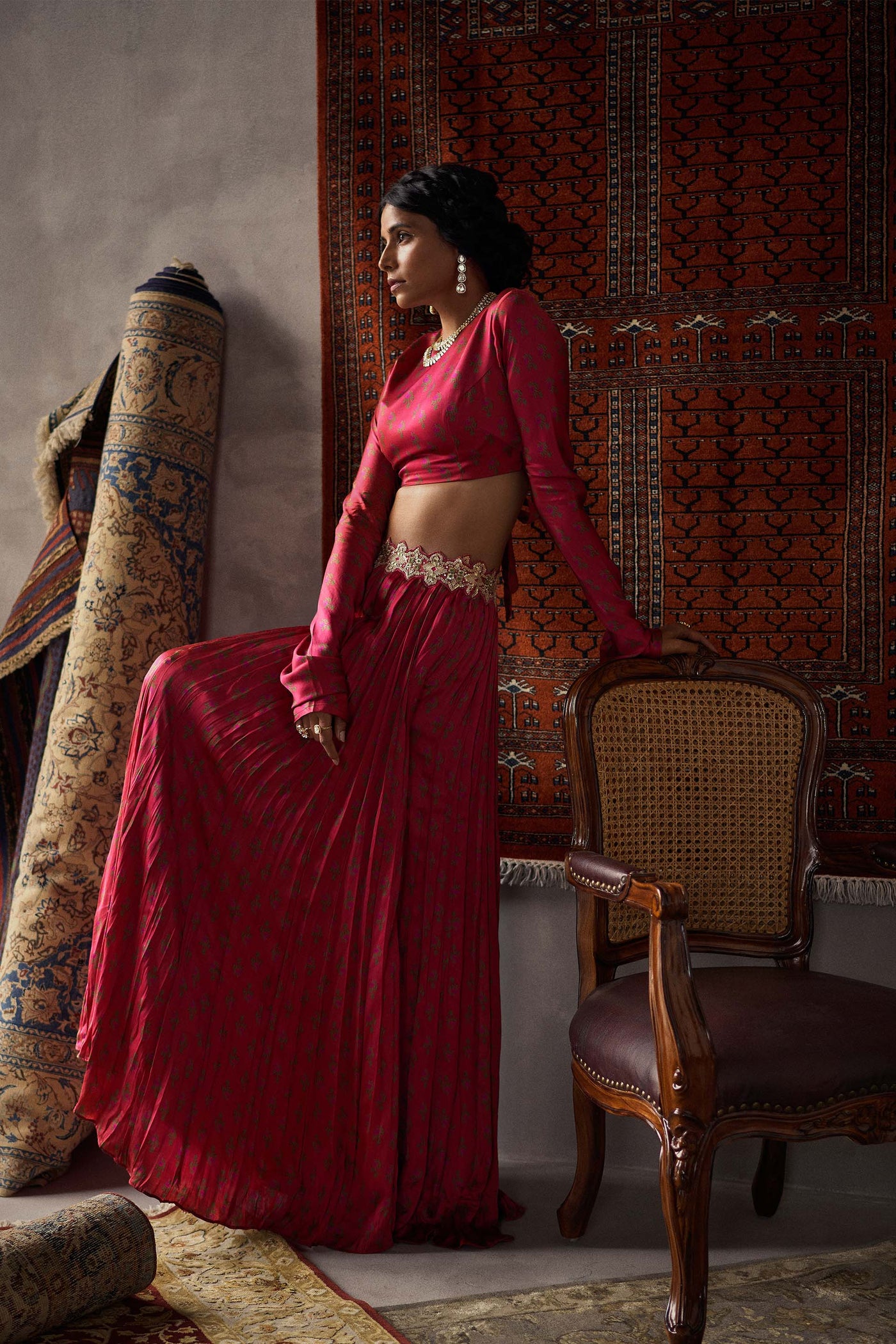Punit Balana Cherry Red Satin Silk Crop Top And Skirt Set festive indian designer wear online shopping melange singapore