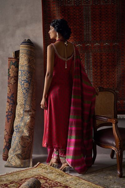 Punit Balana Cherry Red Satin Silk Straight Kurta Set festive indian designer wear online shopping melange singapore