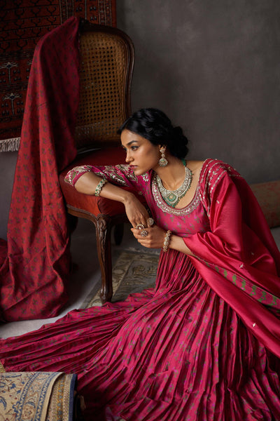 Punit Balana Cherry Red Silk Chanderi Crushed Anarkali Set festive occasion indian designer wear online shopping melange singapore