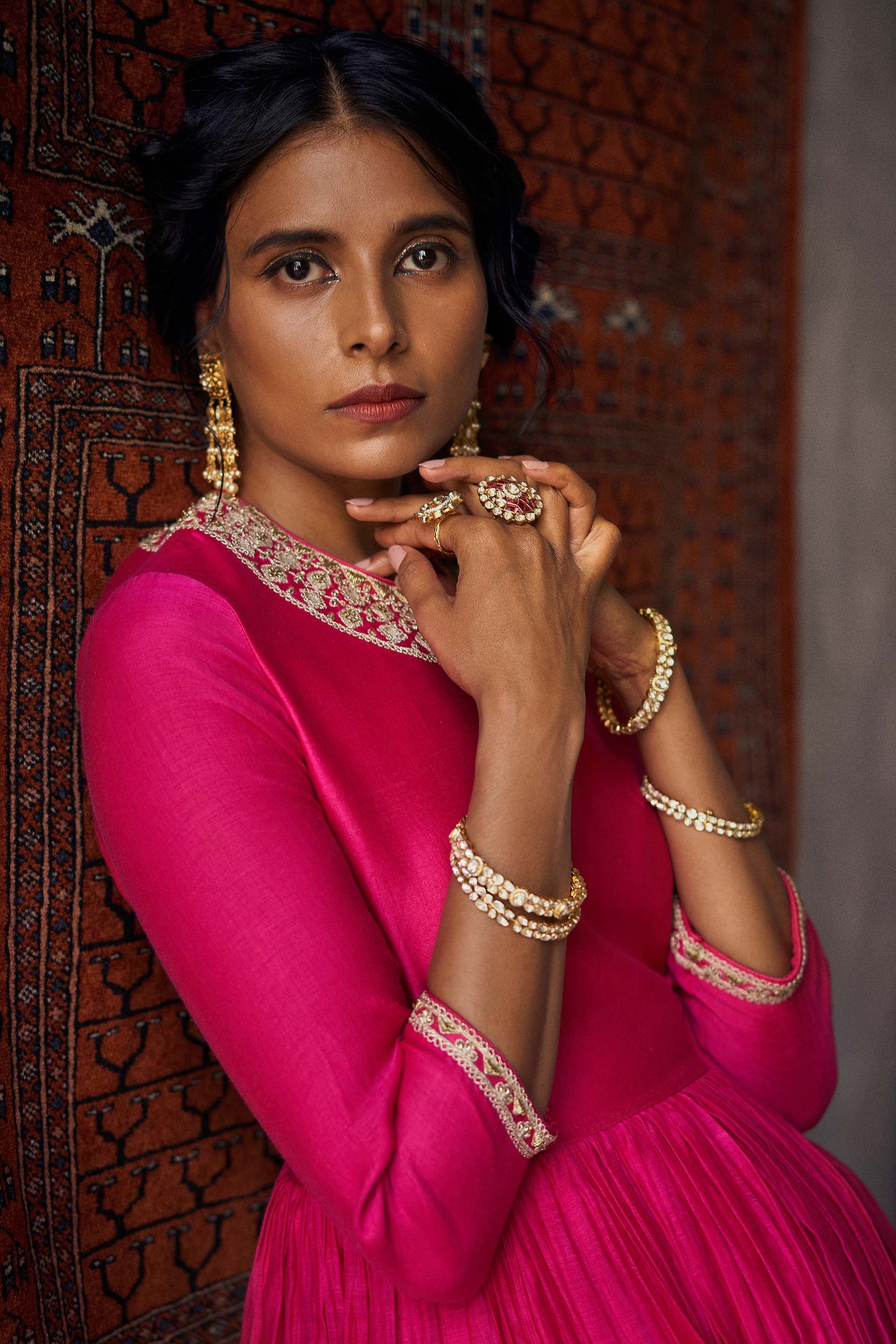 Punit Balana Fuchsia Pink Handloom Chanderi Anarkali Set festive indian designer wear online shopping melange singapore