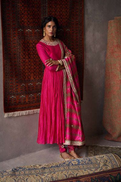 Punit Balana Fuchsia Pink Handloom Chanderi Anarkali Set festive indian designer wear online shopping melange singapore