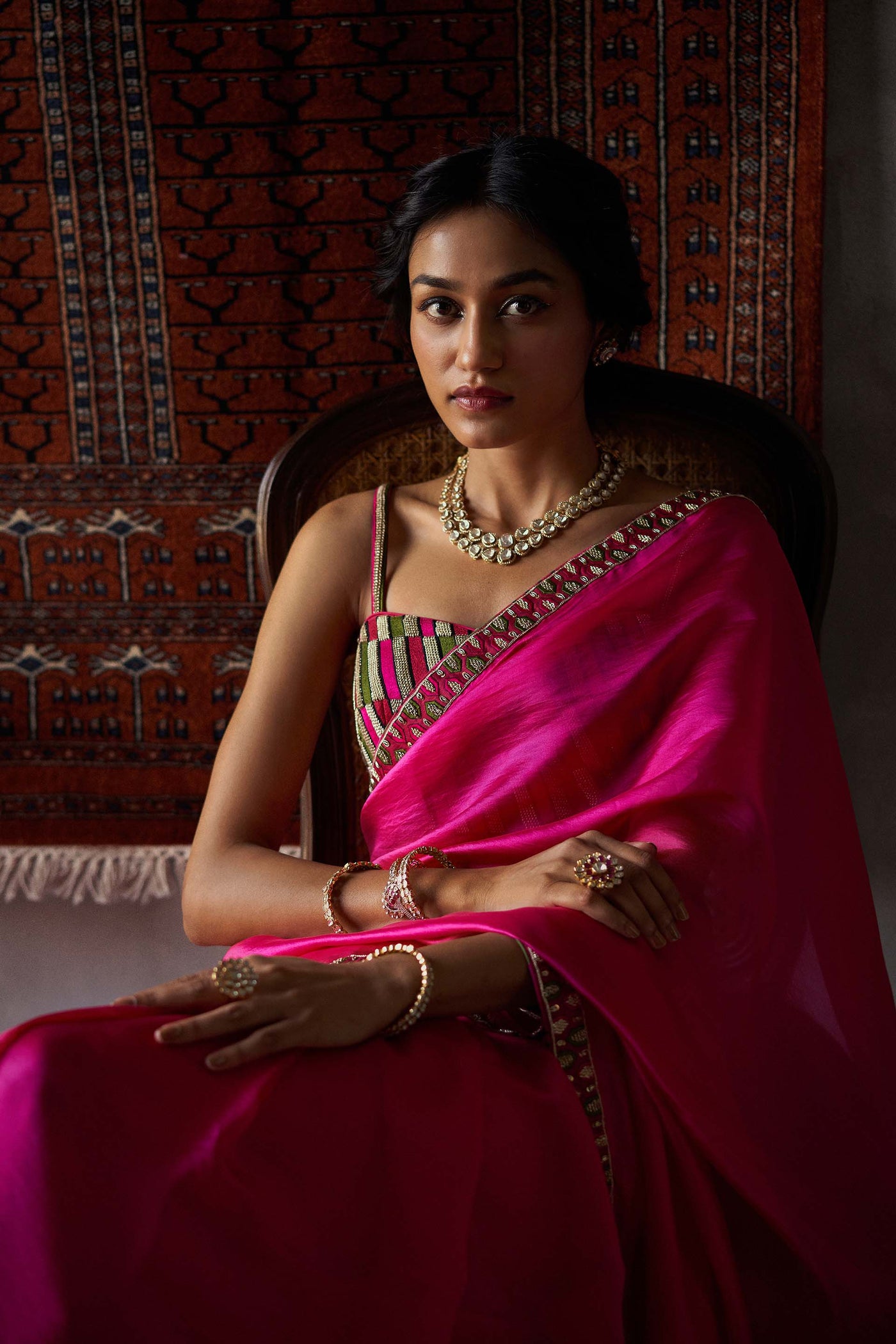 Punit Balana Fuchsia Pink Organza Silk Saree Set festive indian designer wear online shopping melange singapore