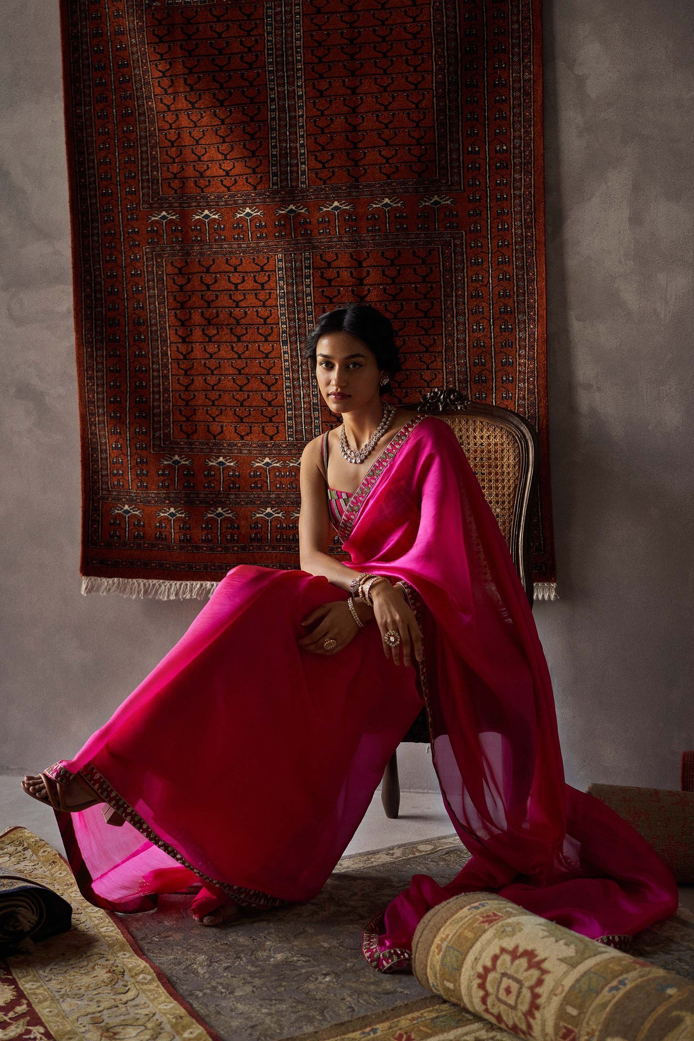 Punit Balana Fuchsia Pink Organza Silk Saree Set festive indian designer wear online shopping melange singapore