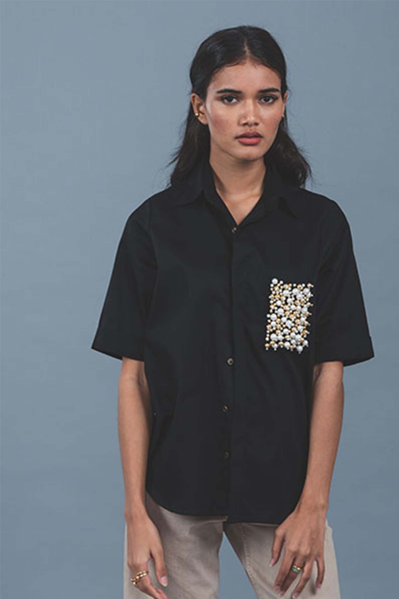 Pallavi swadi Black Audrey Pearl Pocket Shirt western indian designer wear online shopping melange singapore