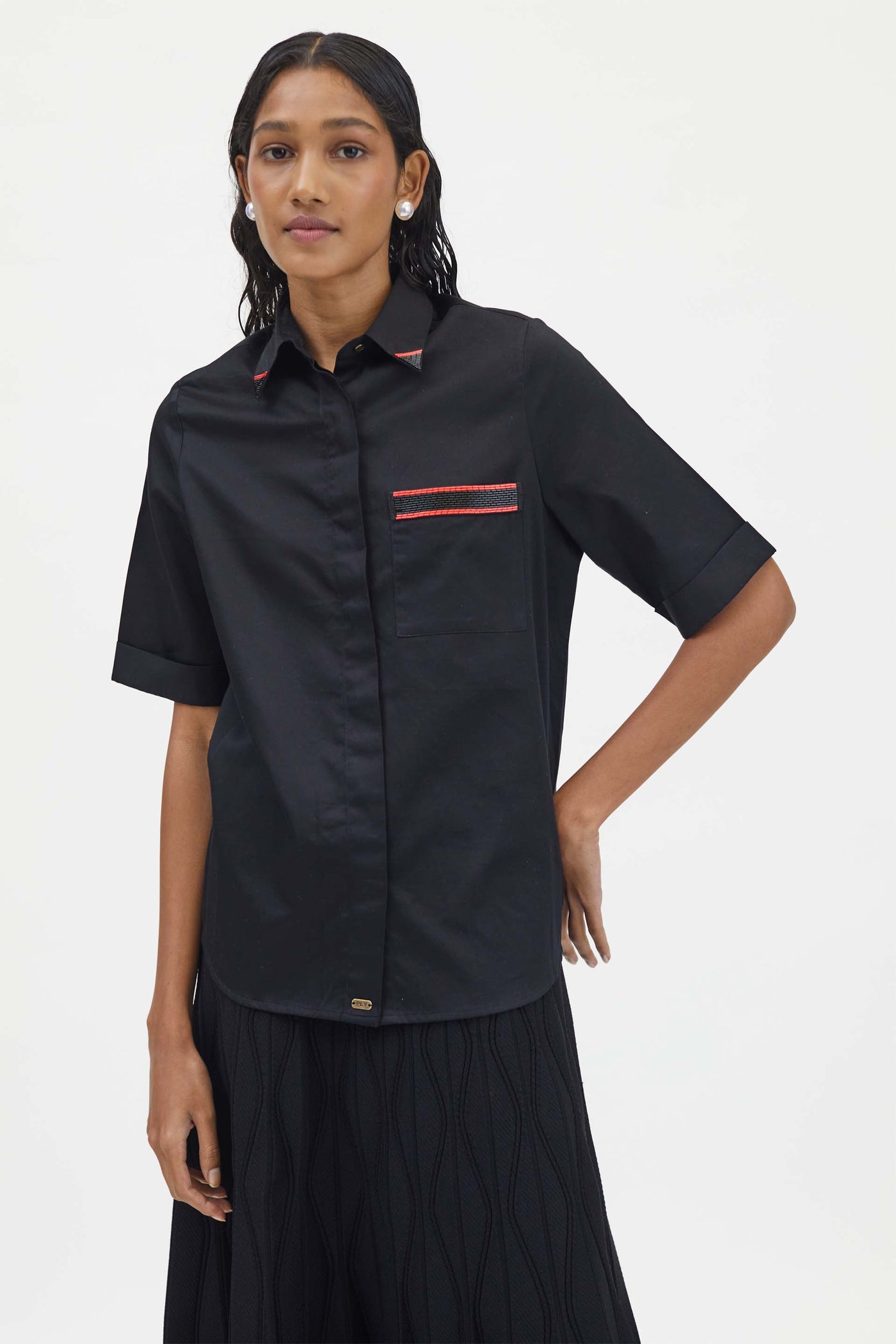 Pallavi Swadi Black Embellished Red Pop Pocket Shirt indian designer wear womenswear online shopping melange singapore
