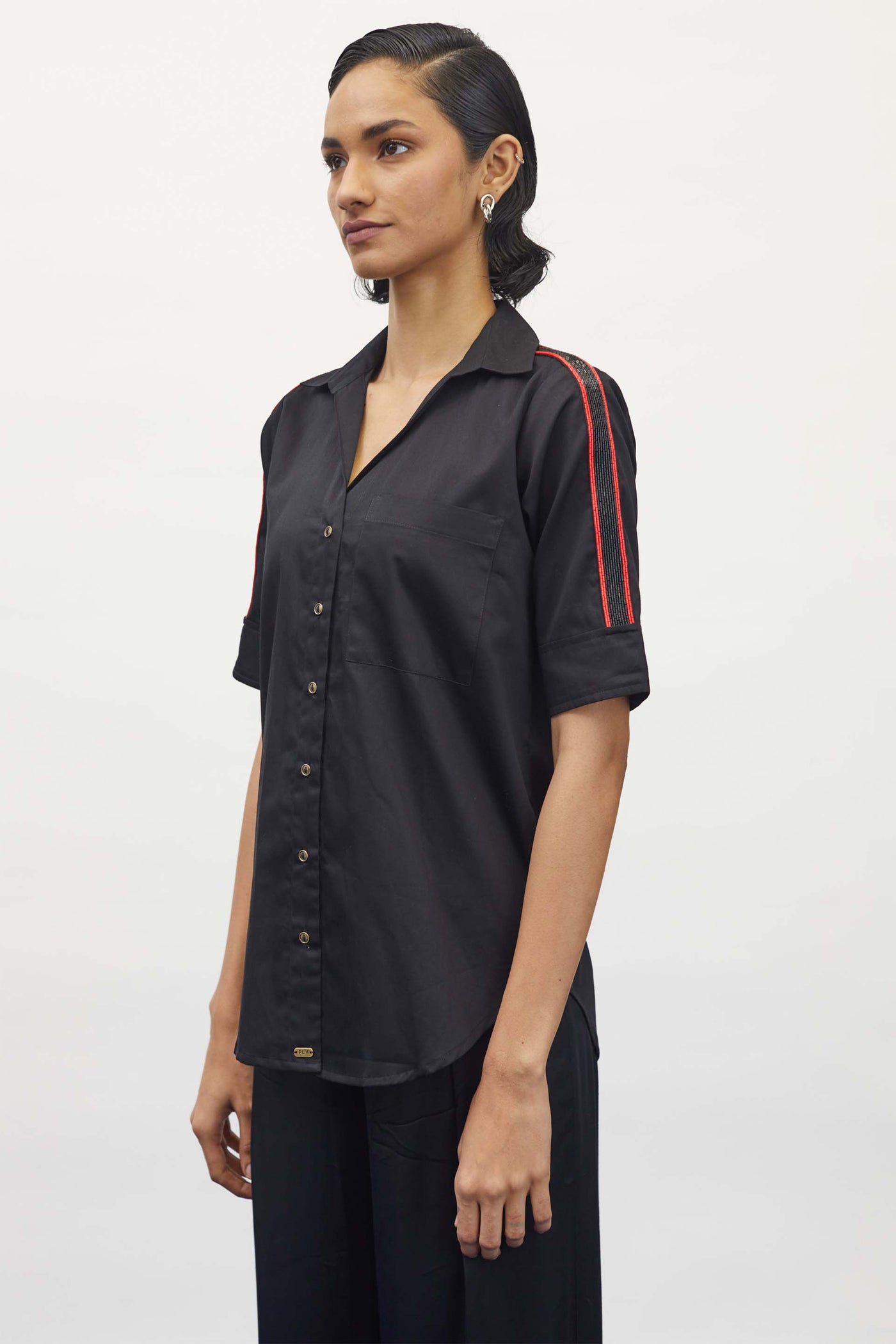 Pallavi Swadi Black Embellished Red Pop Ribbon Shirt indian designer wear womenswear online shopping melange singapore