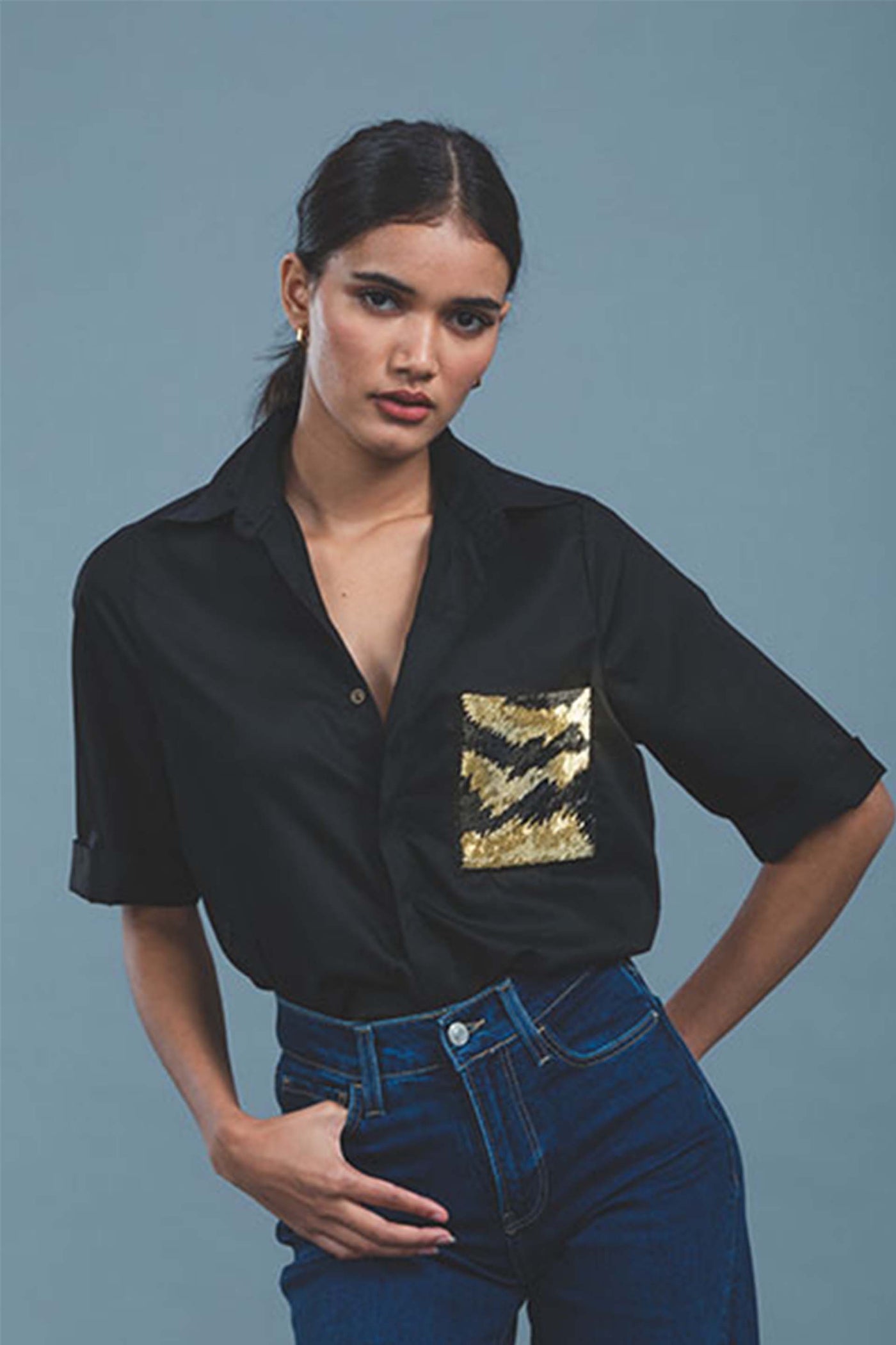 Pallavi swadi Black Metallic Gold Shirt western indian designer wear online shopping melange singapore