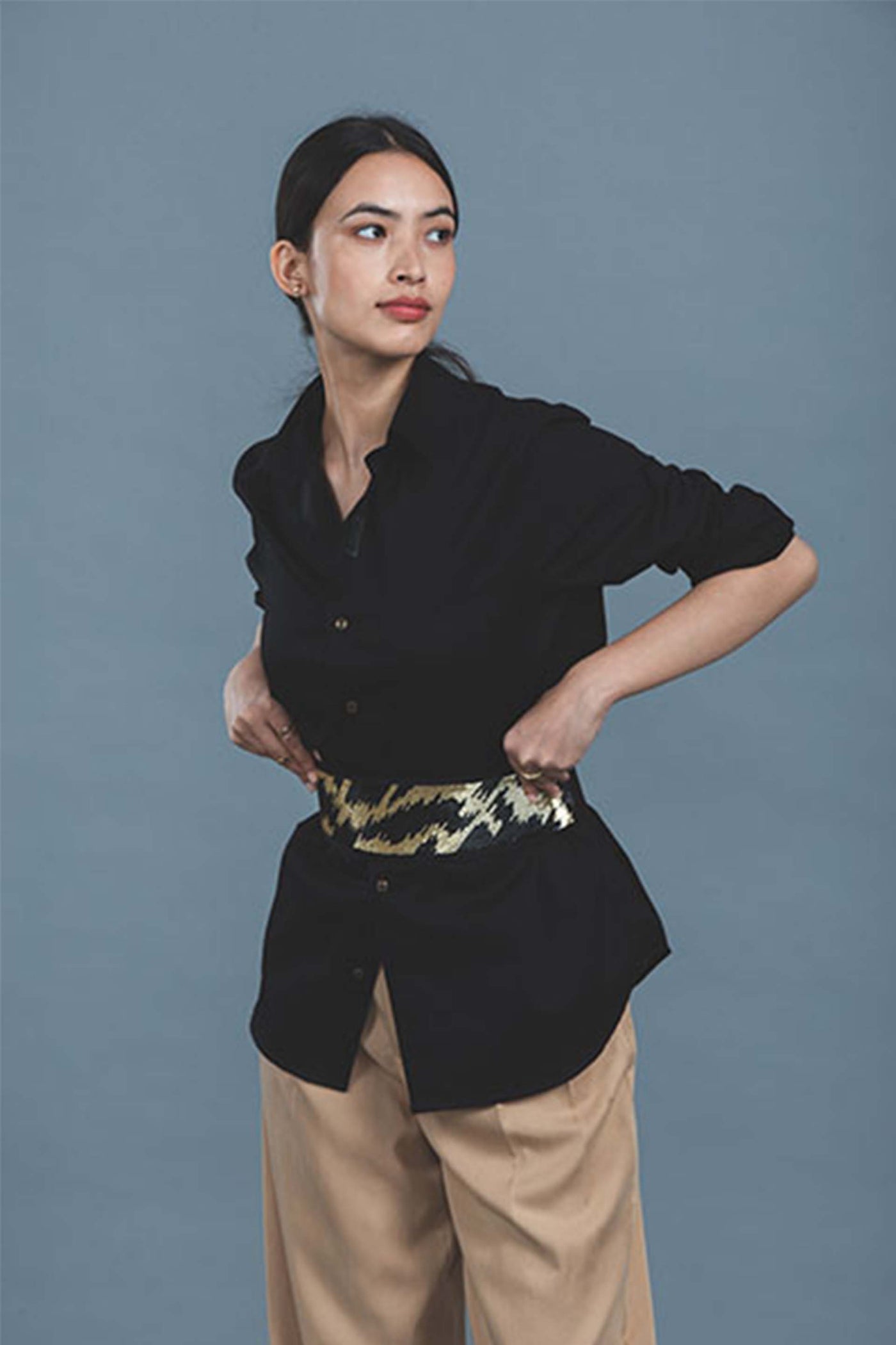 Pallavi swadi Black Shirt With Metallic Gold Belt western indian designer wear online shopping melange singapore